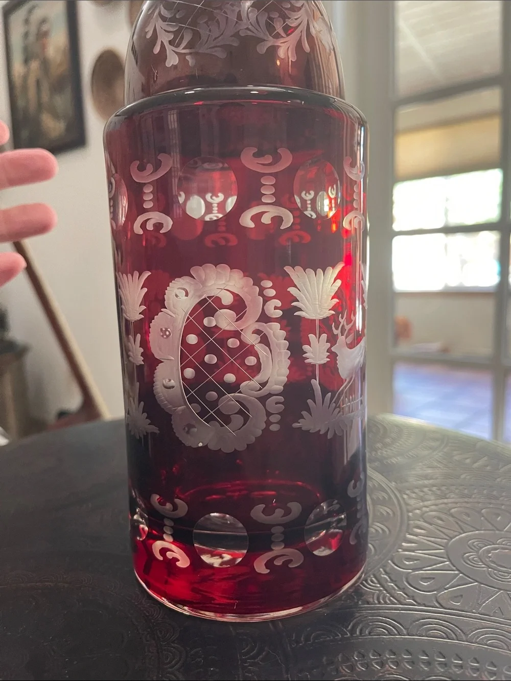 Egermann Ruby Red Etched Glass Decanter and Goblet Set
